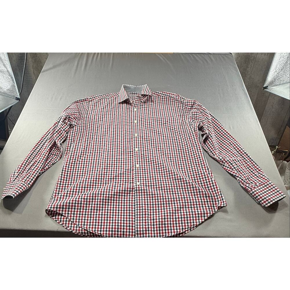 Jack Stone by Thomas Dean XL Red Blue White Plaid Gingham Dress Shirt Cotton